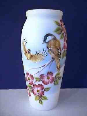 Fenton Louise Piper table lamp, Chickadee lamp is handpainted on Cameo  Satin glass