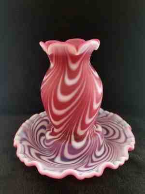 RARE FENTON FEATHER SWIRL CRANBERRY SATIN OPALESCENT FAIRY LAMP LIGHT ONE PIECE