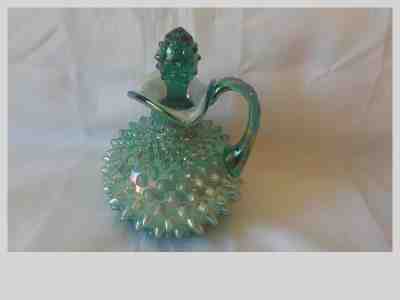 Signed Fenton Art Glass Hobnail Aqua/Green Iridescent Oil Cruet w/Stopper Exc.