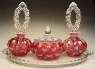 Vintage Fenton Art Glass Heart Spot Optic Perfume Dresser Vanity 7 piece Set