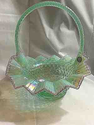 Fenton Art Glass 95 Anniversary Willow Green Hobnail Basket Pink Chiffon Crest
