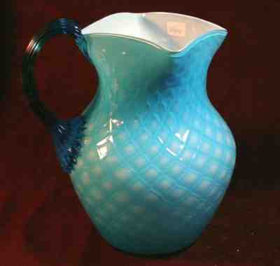 Blue Cased Criss Cross Water Pitcher-Ribbed Cobalt Handle - Square Top- Fenton?