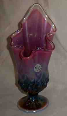 Fenton Lily Of The Valley Plum Opalescent Hanky Vase 8 3/4” Silver Foil Label