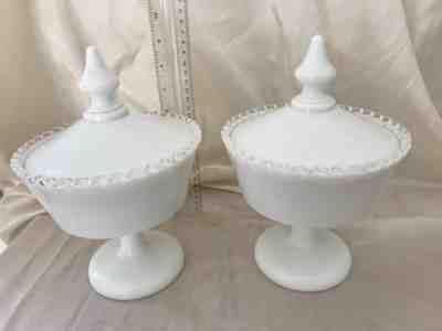 Matching Pair FENTON SILVER CREST Finial Wedding COVERED CANDY DISHES 