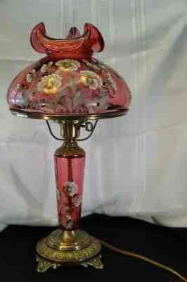 Fenton Lamp Jacobean Cranberry Glass Hand Painted Pansies Artist Signed RARE HTF