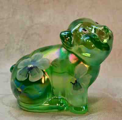 Fenton, Pig, Green Apple Glass, Iridized, Hand Decorated.