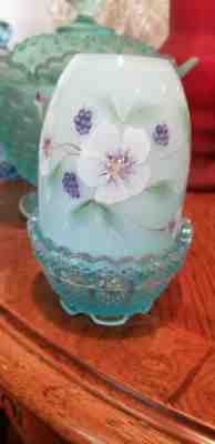 FENTON FAIRY LAMP HAND PAINTED BLUE ROSES ON BLUE SATIN ~SIGNED