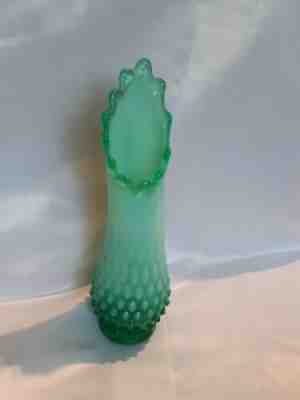 Fenton Hobnail Opalescent Green Swung Stretch Glass Vase 11 3/4”  glows 