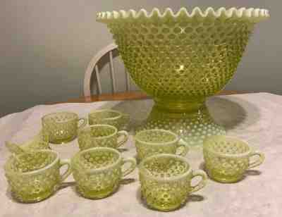 Gorgeous Fenton Topaz Opalescent Hobnail Punch Bowl & 8 Cups