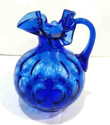 VINTAGE FENTON COBALT BLUE ART GLASS COIN SPOT DOT RUFFLED MOUTH PITCHER