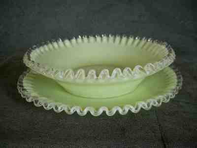 Old Fenton #682 IVORY CREST 10" Center Bowl & 11" Plate 1940-41 Vaseline Glass