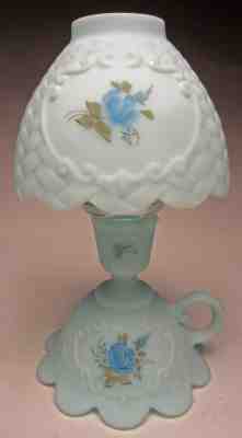 Vintage Fenton Basketweave Candle Lamp Blue Roses on Blue Satin #9504BL 1978-82