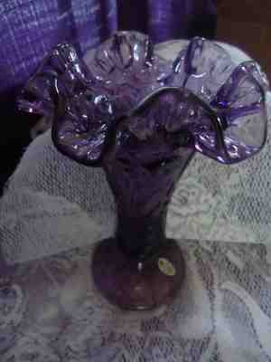Fenton Dark Purple Floral Design Ruffle Top 7 1/2" Tall w Sticker Lg Heavy Vase