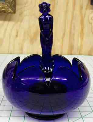 VINTAGE Fenton Glass Dark Blue Nude Nymph Flower Frog Lotus Bowl SEPTEMBER MORN 