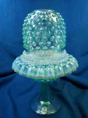 Fenton Three Piece Pedestaled Hobnail Fairy Lamp Green