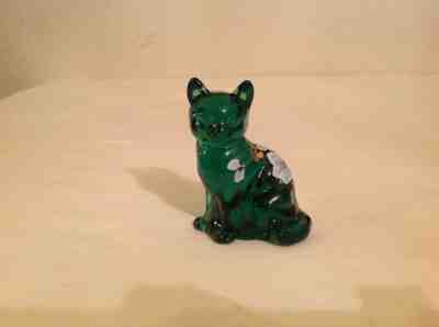 Fenton Green Carnival Glass Hand Painted Sitting Cat 3 1/2" Tall W/Fenton Label