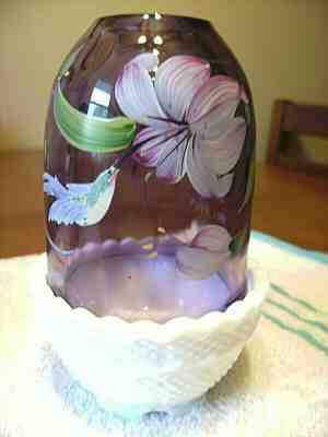 FENTON - K. BUSKIRK (HP) PURPLE/MILK GLASS FAIRY LAMP - FRANCES BURTON DESIGN