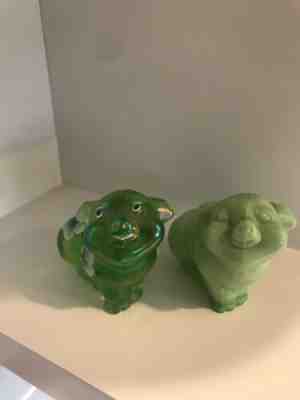 2 Green Fenton Pigs-One Painted