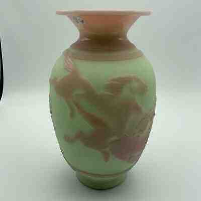 Fenton KELSEY MURPHY Sandcarved Lotus Mist Burmese Glass GALLOPING HORSES Vase