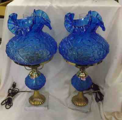 Pair of Vintage Fenton Poppy Blue Student Table Lamps with Original Stickers