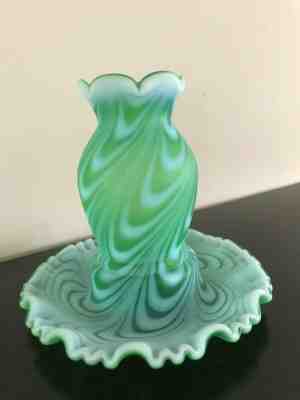 VERY RARE Fenton Glass Lime Green Opalescent Satin Swirled Feather Fairy Lamp