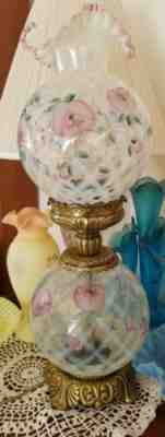 Fenton GWTW Lamp Hand Painted Opalescent Diamond Trellis Optic Dusty Rose Crest