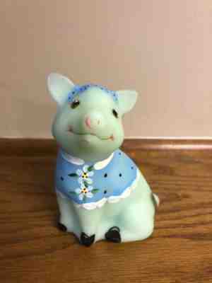 Fenton Burmese Green Satin Pig Figurine Hand Painted Signed Mint