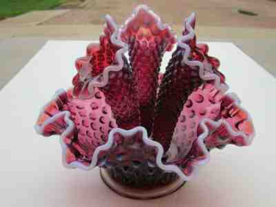 Old Fenton PLUM OPAL Hobnail Opalescent Pattern 3 Horn Lily Epergne Set