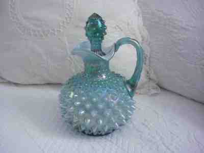 FENTON ART GLASS HOBNAIL GREEN IRIDESCENT OIL CRUET/PERFUME with STOPPER