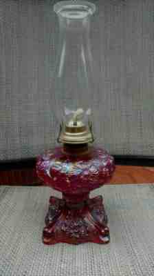 Very Rare Fenton Poppy Red Carnival Kerosene or Oil Lamp Rose Presznick