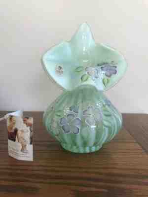 Antique Fenton Green Opalescent Jack In The Pulpit Vase SIGNED
