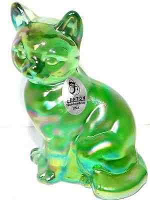 Fenton Glass Carnival Green SITTING CAT FIGURINE w/Paper Sticker