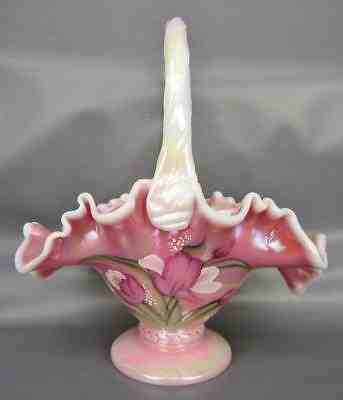 Fenton GLASS LEGACY Signed Iridized ROSALENE Hand-Painted Tulip Basket 5906