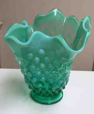 RARE Vintage Fenton Green Hobnail Opalescent Vase 6.5