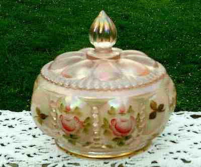 Beautiful FENTON Charleton Collection Iridescent Pink Lid Floral Powder Jar 2002