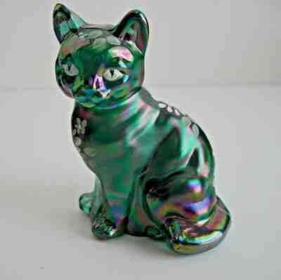 Fenton Green Carnival Glass Hand Painted Sitting Cat Iridized  
