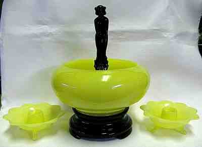 Fenton 1930s Black Nymph, Block, Base, & Chinese Yellow Bowl & Candle Holders  