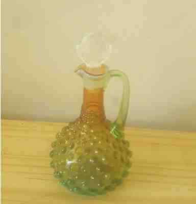 Rare Vintage Fenton Glass Opalescent Hobnail Topaz Green Cruet