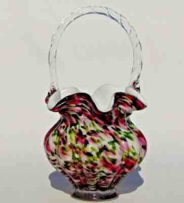 FENTON VASA MURRHINA ADVENTURINE GREEN & CRANBERRY LEGACY BASKET- BILL FENTON