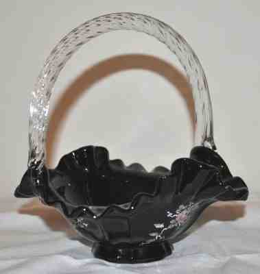 Hand Painted Fenton Black Glass Basket Signed P. Miller