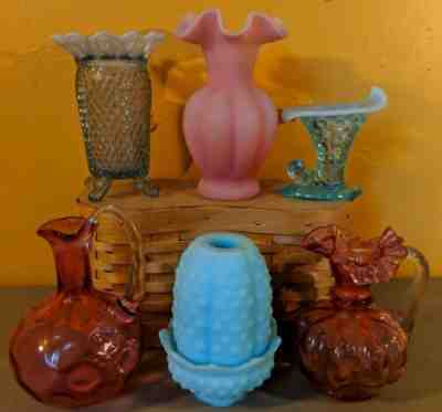 HUGE LOT OF FENTON VASE BASKET BLUE HOBNAIL CRANBERRY PINK OPALESCENT CRUET