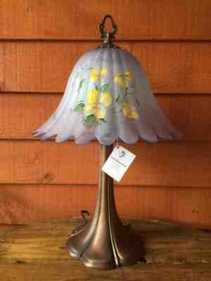 Fenton Art Glass Frosted Blue/Violet Hand Painted Tulip Shade Lamp Artist Signed