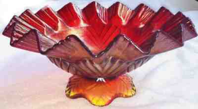 FENTON RED AMBERINA CARNIVAL STRETCH GLASS LEAF CRIMPED FOOTED MARKED 9” BOWL