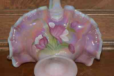 Fenton LEGACY Signed Iridized Carnival ROSALENE Hand-Painted Tulip Basket 