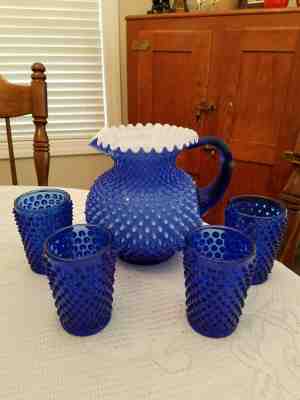 FENTON ART GLASS, COBALT BLUE, HOBNAIL, 8'' PITCHER TUMBLER SET, VINTAGE, 