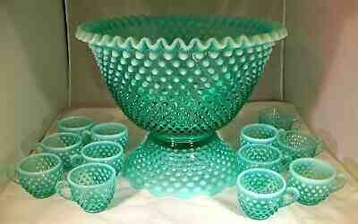 FENTON HOBNAIL BLUE GREEN OPALESCENT 14-PIECE FOOTED PUNCH BOWL SET w/12 CUPS!