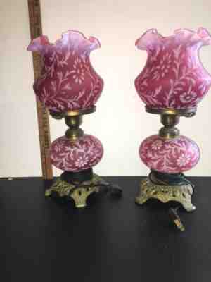 Pair of Fenton LGWright Cranberry&white opalescent glass lamp Daisy&Fern pattern