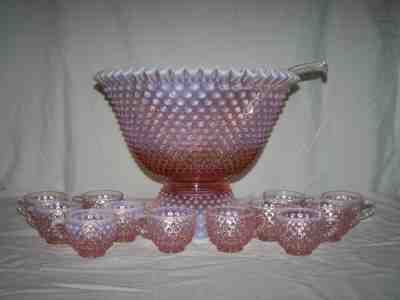 Fenton Rose Magnolia Pink Opalescent Hobnail Punch Bowl Set with 12 Cups & Ladle