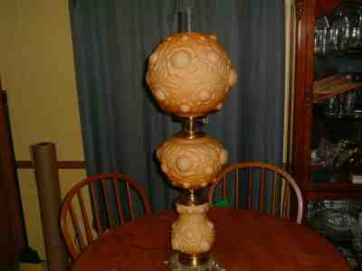 SUPER RARE VINTAGE  FENTON for LG WRIGHT HONEY AMBER SATIN PUFFY ROSE LAMP 33