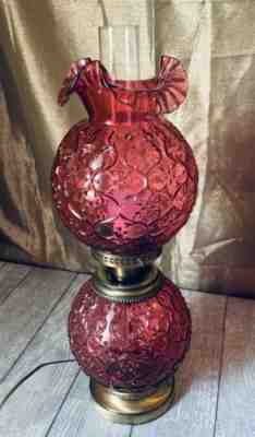 Vintage Fenton Cranberry Cabbage Blown Glass Lamp 29” Large!